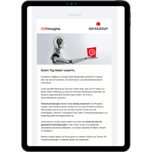 Digital dargestellte Fachpublikation zu KI, Security und Governance auf einem Tablet