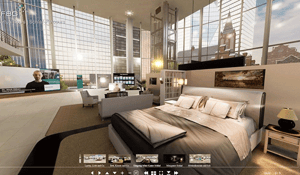 Virtueller Schlafparcours mit großem Bett, Nachttisch und Monitoren – interaktive Station der DATAGROUP Gesundheitswoche zum Thema gesunder Schlaf