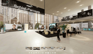 Virtueller Messestand mit der Aufschrift „Schlaf-Parcours“ und digitalen Infostationen – Teil der DATAGROUP Gesundheitswoche zum Thema Schlaf und Erholung