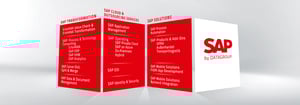 Grafische Übersicht der SAP-Leistungen von DATAGROUP: SAP Transformation, SAP Cloud & Outsourcing Services sowie SAP Solutions.
