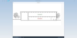 Screenshot des SAP Factory Monitor-Tools mit Seitenansicht eines Industriegebäudes, das verschiedene Montagebereiche in einer technischen Schnittdarstellung zeigt.
