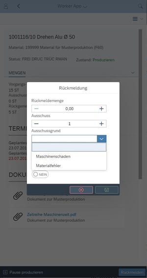 Screenshot der Worker App mit Auftragsdetails ‚Drehen Alu Ø 50‘; geöffnetes Fenster für Rückmeldung mit Eingabefeldern zu Menge, Ausschuss und Ausschussgrund wie Maschinenschaden oder Materialfehler.