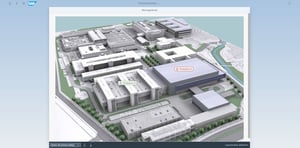 Screenshot des SAP Factory Monitor-Tools mit 3D-Werksgelände-Ansicht, die eine isometrische Darstellung des gesamten Fabrikgeländes mit verschiedenen Produktionsbereichen zeigt.